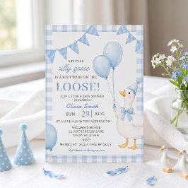 Silly Goose Blå Rutiga Baby Shower Inbjudan
