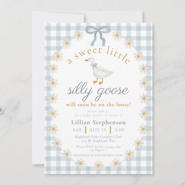Silly Goose Blue Bow Daisy Gingham Baby Shower Inbjudningar (Framsida)