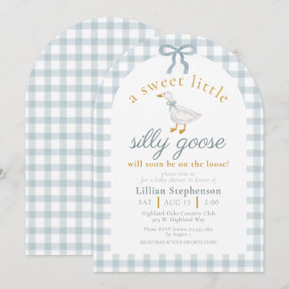 Silly Goose Blue Bow Duck Gingham Baby Shower Arch Inbjudningar