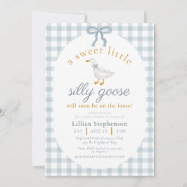 Silly Goose Blue Bow Duck Gingham Baby Shower Inbjudningar