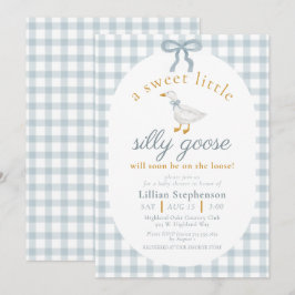Silly Goose Blue Bow Duck Gingham Baby Shower Inbjudningar