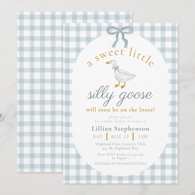 Silly Goose Blue Bow Duck Gingham Baby Shower Inbjudningar (Fram/baksida)
