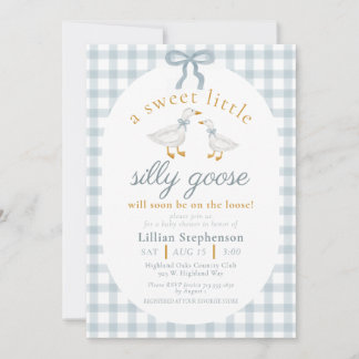 Silly Goose Blue Bow Duck Gingham Baby Shower Inbjudningar