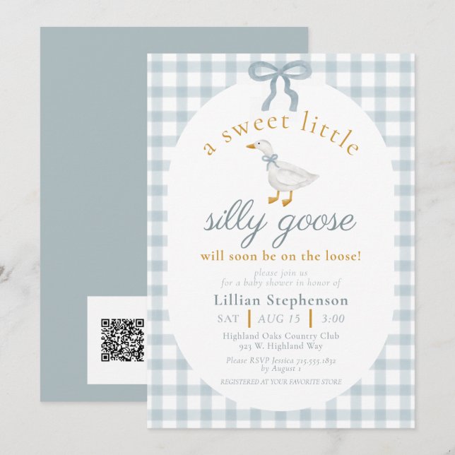 Silly Goose Blue Bow Gingham Baby Shower QR Code Inbjudningar (Fram/baksida)