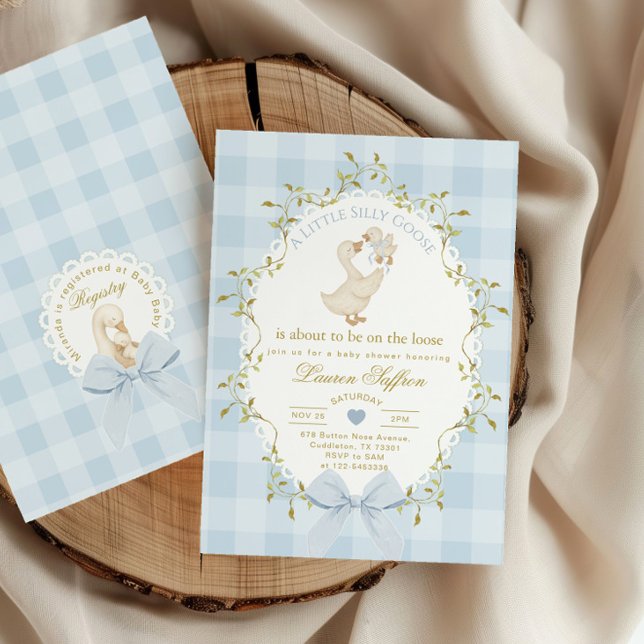 Silly Goose Blue Gingham Baby Boy Shower Inbjudningar (Skapare uppladdad)