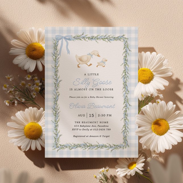 Silly Goose Blue Gingham Baby Shower Invitation Inbjudningar (Skapare uppladdad)