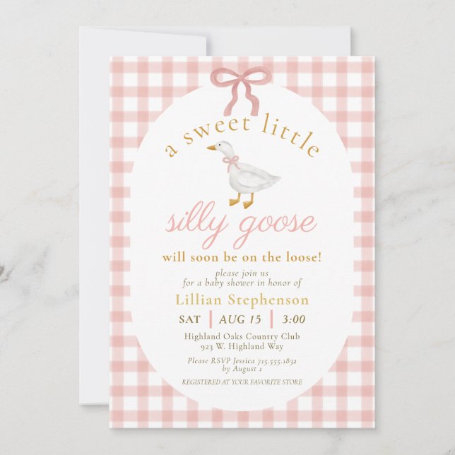 Silly Goose Blush Pink Bow Gingham Baby Shower  Inbjudningar (Framsida)