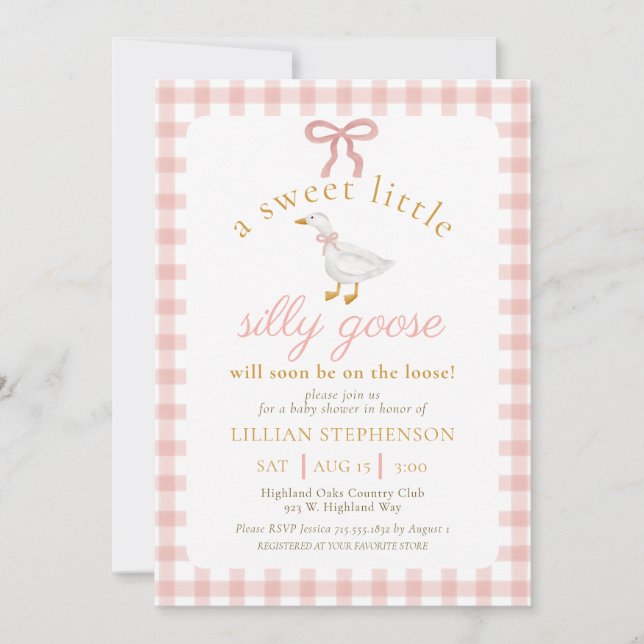 Silly Goose Blush Rosa Bow Gingham Barnrumsfirande Inbjudningar (Framsida)
