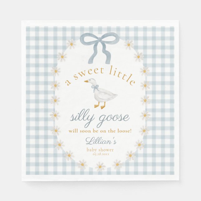 Silly Goose Daisy Blue Bow Gingham Baby Shower Pappersservett (Framsidan)