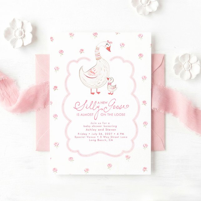 Silly Goose Elegant Rosa Flicka Bebis Shower Inbjudningar (Silly Goose Pink Cute Baby Shower Invitations)