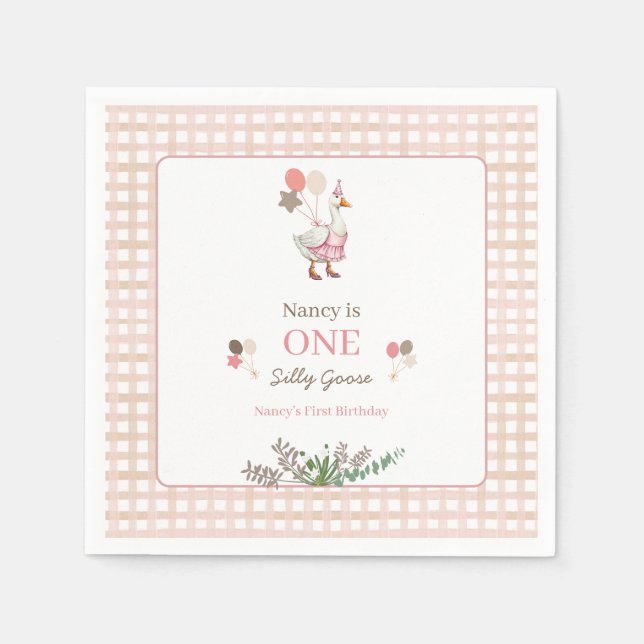 Silly Goose First Birthday Brown Pappersservett (Framsidan)