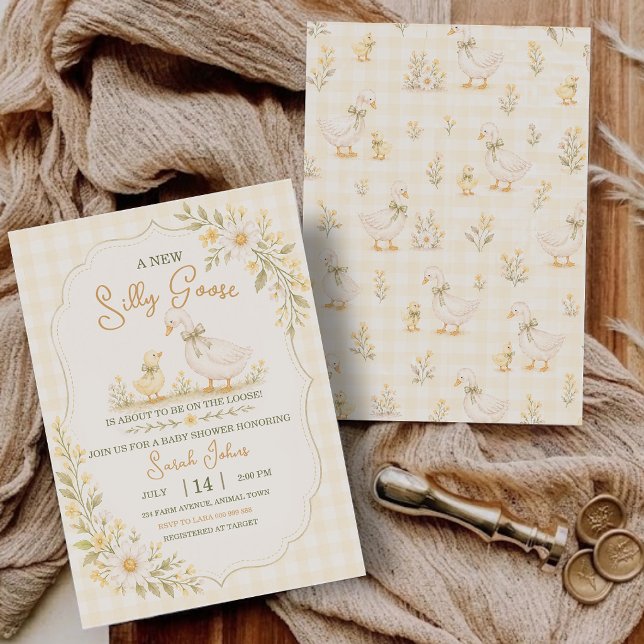 Silly Goose Gingham Ankungestneutral Babyshower Inbjudningar (Silly Goose Gingham Duck Gender Neutral Baby Shower Invitation)