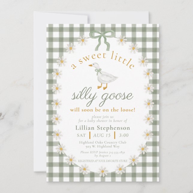 Silly Goose Green Bow Daisy Gingham Baby Shower Inbjudningar (Framsida)