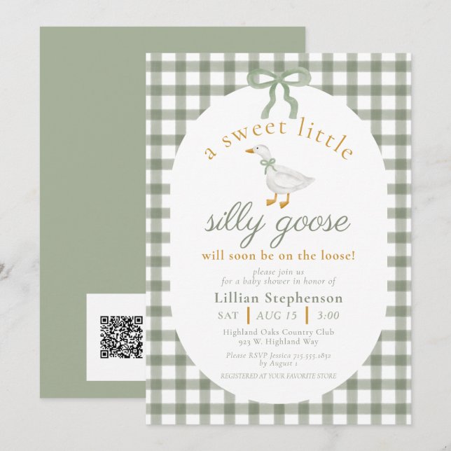Silly Goose Grön Rutig Baby Shower QR-kod Inbjudningar (Fram/baksida)
