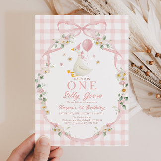 Silly Goose Invitation: 1st Birthday, Pink Floral  Inbjudningar
