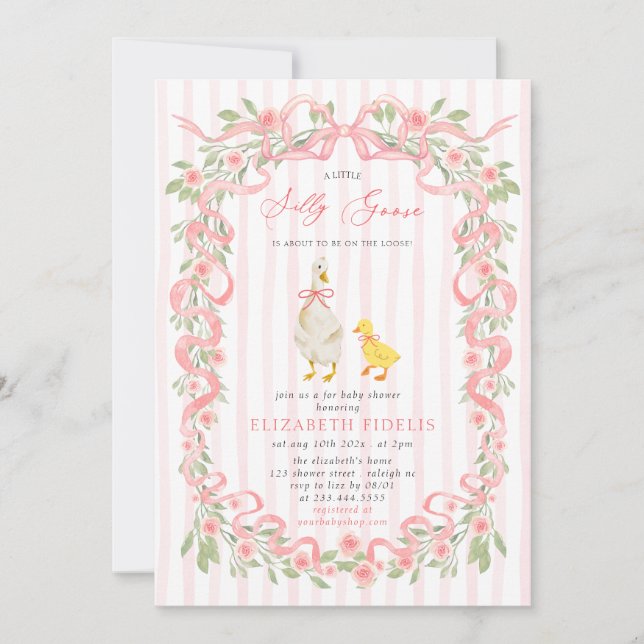  Silly Goose Pink Bow Floral QR Code Baby Shower  Inbjudningar (Framsida)