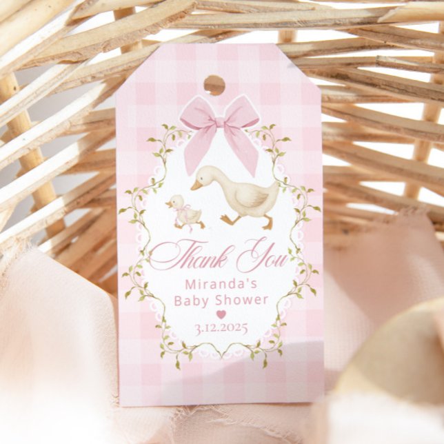 Silly Goose Pink Bow Gingham Baby Shower Thank you Presentetikett (Skapare uppladdad)