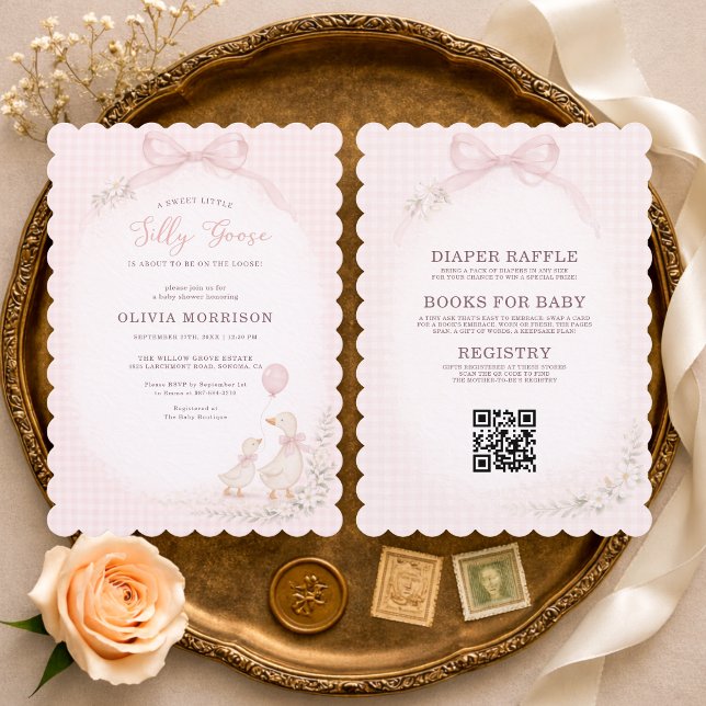 Silly Goose Pink Gingham All in One Baby Shower Inbjudningar (Skapare uppladdad)