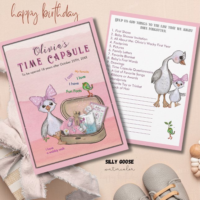 Silly Goose Rosa Slöja Födelsedag Tidskapsel Spel Inbjudningar (Silly Goose Pink Bow Birthday Time Capsule Game Invitation)