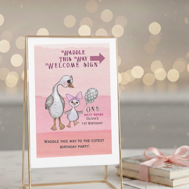Silly Goose| Välkomstskylt för gässens sätt att va Inbjudningar (Silly Goose & Pink Bow | Waddle This Way Welcome Sign Downloadable)