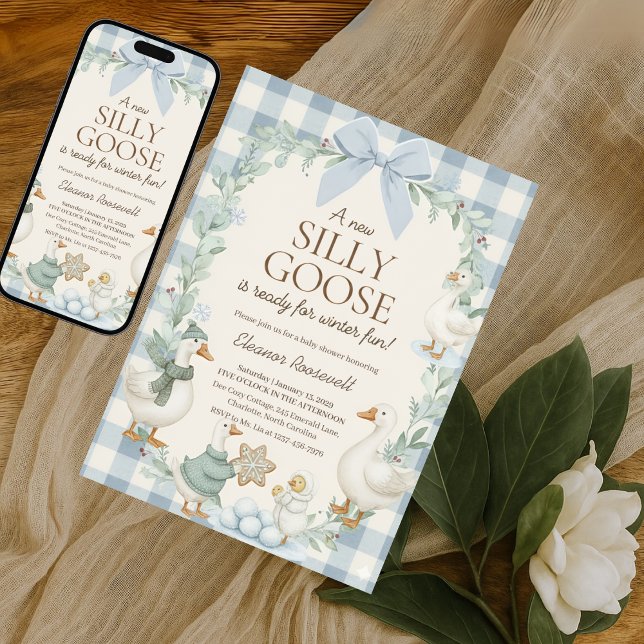 Silly Goose Winter Baby Shower Blue Gingham  Inbjudningar (Skapare uppladdad)