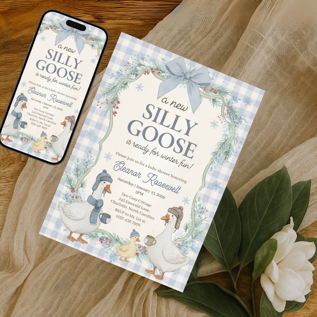 Silly Goose Winter Blue Plaid Gingham Baby Shower Inbjudningar (Skapare uppladdad)