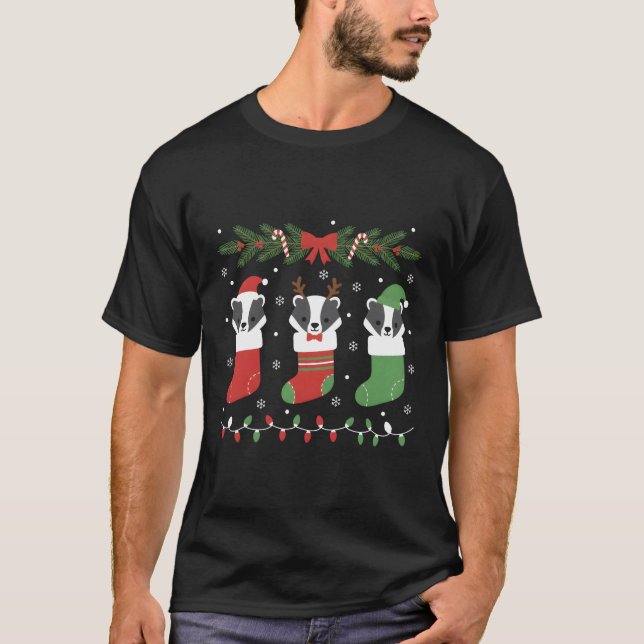 Silly Honey Badger Christmas Lights Playful  T Shirt (Framsida)