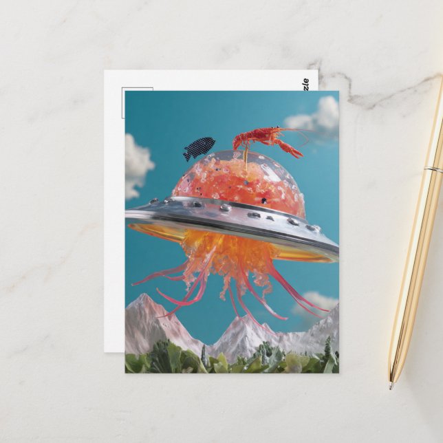 Silly Lobster Fish Surreal Jellyfish UFO Collage Vykort (Fram/Back In Situ)