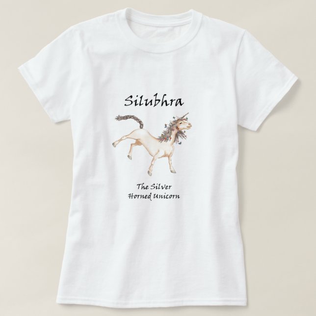 Silubhra Silver-Horned Unicorn Tee-Shirt T-shirt (Design framsida)