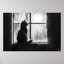 Siluett av en katt vid fönstret i månsken poster
