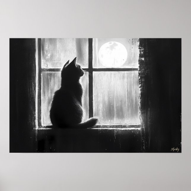 Siluett av en katt vid fönstret i månsken poster (Framsidan)