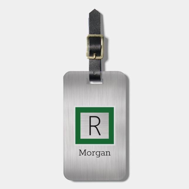 Silve Metal, Business, Name & Monogram, Green Box Bagagebricka (Vertikal Framsida)