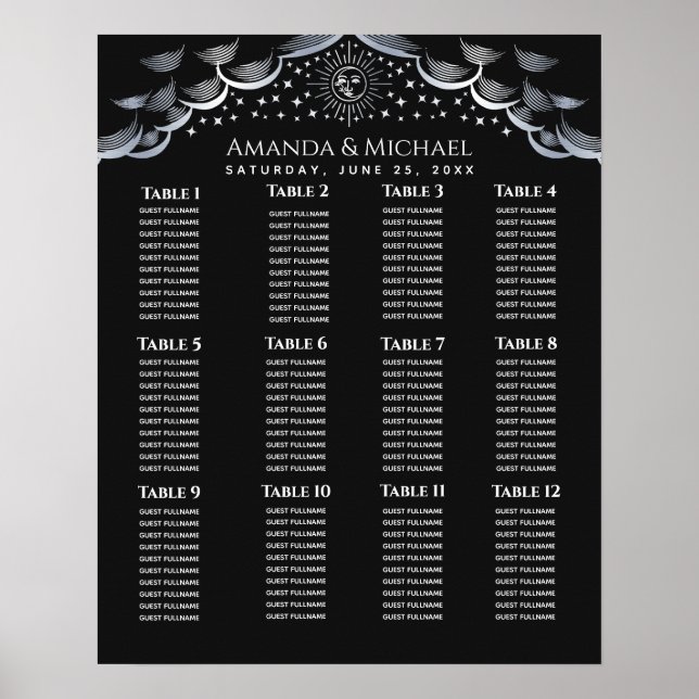 Silve Sun & Moon Tarot Card Wedding Seating Chart Poster (Framsidan)