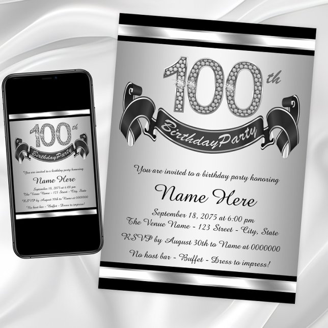 Silver 100:e Födelsedagsfesten Inbjudningar (100th birthday party invitation. Digital download and printed invitations available.)