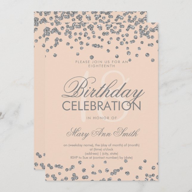 Silver 18:e födelsedag Glitter Konfetti Ro Rosa Inbjudningar (Fram/baksida)
