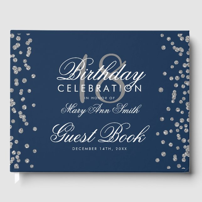 Silver 18:e Födelsedagsfest Glitter Konfetti-flott Gästböcker (Framsida)