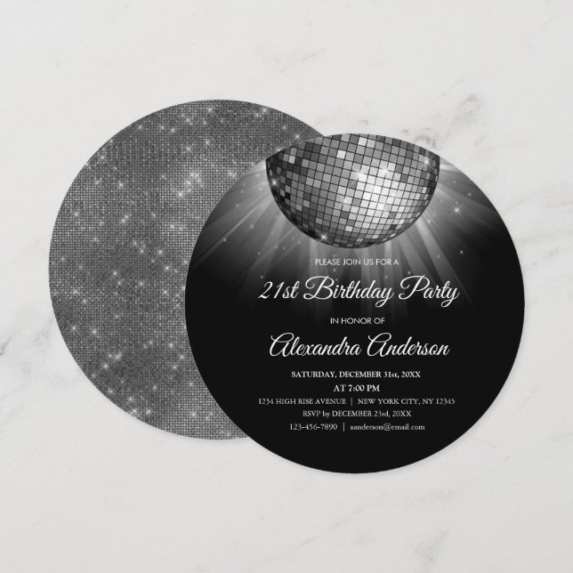 Silver 21:a födelsedag Party Silver Disco Boll Inbjudningar (Fram/baksida)