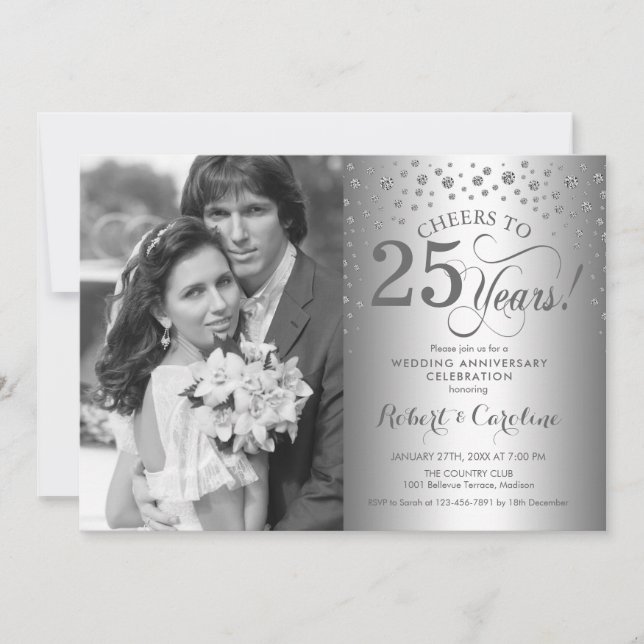 Silver 25-års bröllopsdag med foto inbjudningar (Framsida)
