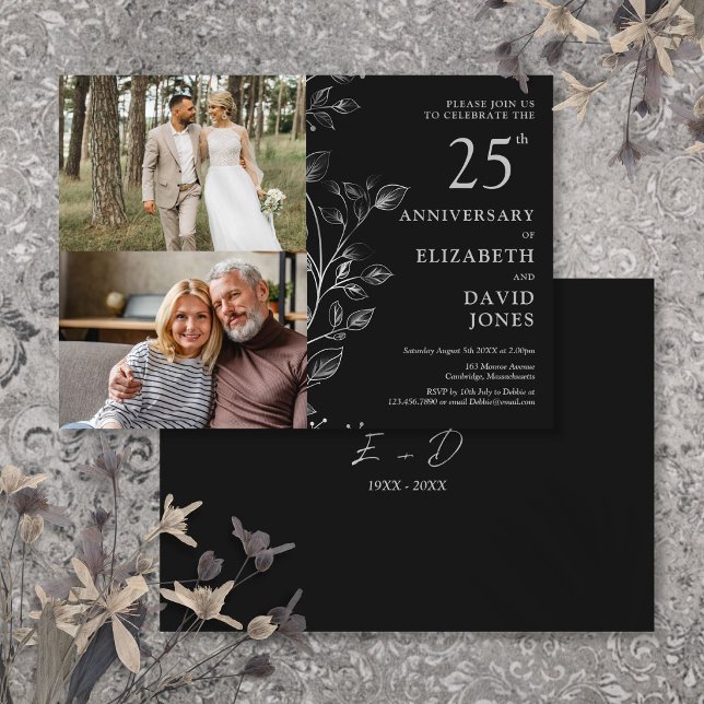 Silver 25-års bröllopsjubileum 2 Foto Inbjudan (Silver 25th Wedding Anniversary 2 Photo Invitation)