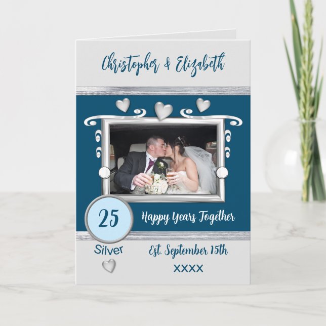 Silver 25-årsdagen lägg till bild namn blå kort (Framsida)