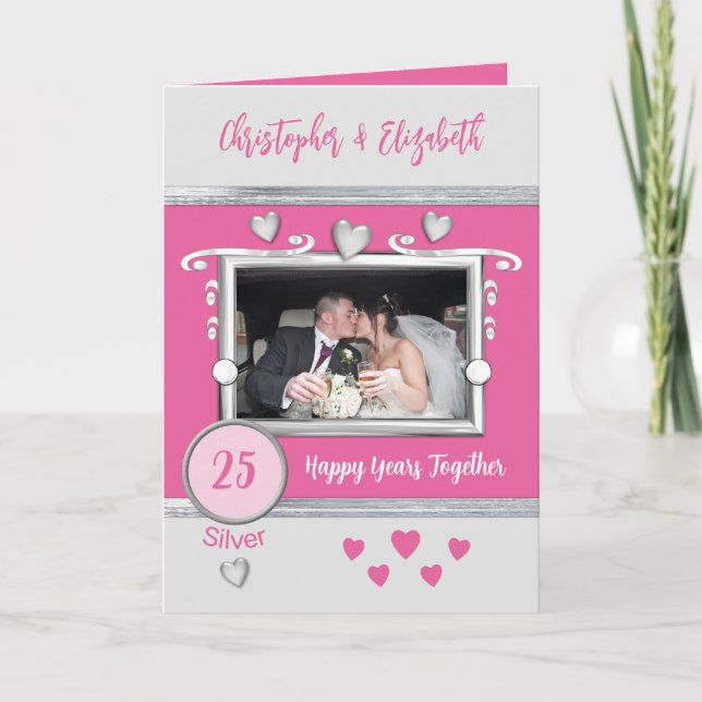 Silver 25-årsjubileum lägg till bild namn rosa kort (Framsida)