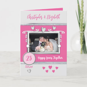 Silver 25-årsjubileum lägg till bild namn rosa kort