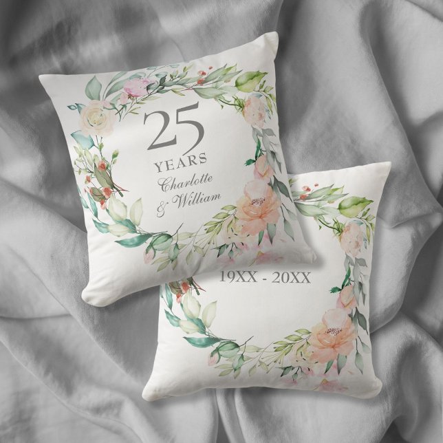 silver 25:e årsdagen för Ro Blommigten Kudde (25th Silver Wedding Anniversary Roses Floral Throw Pillow)