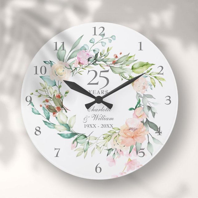 silver 25:e årsdagen för Ro Blommigten Stor Klocka (25th Silver Wedding Anniversary Roses Floral Large Clock)