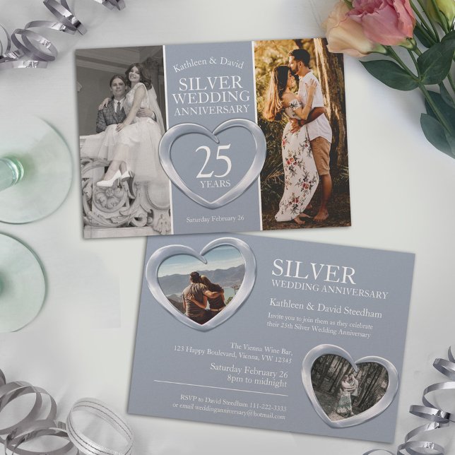 Silver 25:e bröllop-årsdagen av hjärtat party inbjudningar (Skapare uppladdad)