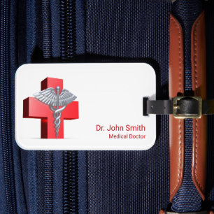 Silver 3D Caduceus Kor Medical Red Bagagebricka