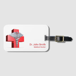 Silver 3D Caduceus Kor Medical Red Bagagebricka