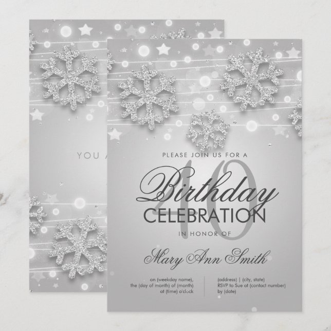 Silver 40:e födelsedag Winter Glitter Glam Inbjudningar (Fram/baksida)