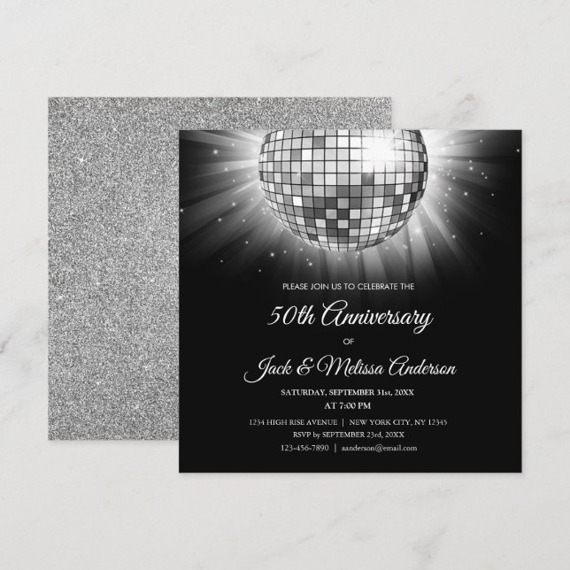 Silver 50-årsdagen Party Disco Boll Inbjudningar (Fram/baksida)