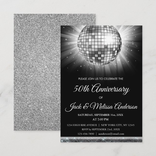 Silver 50-årsdagen Party Disco Boll Inbjudningar (Fram/baksida)